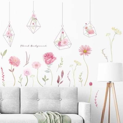 Pegatinas de Pared de Flores en Acuarela PVC Flor Romántica Colgante Geométrico Calcomanías de Pared Para Sala de Estar Dormitorio Mural Autoadhesivo