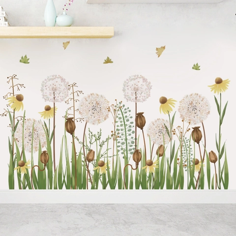 Adesivi Murali ad Acquerello con Dente di Leone Fiori Selvatici e Erba in PVC Removibile per Soggiorno Camera da Letto Casa