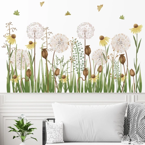 Adesivi Murali ad Acquerello con Dente di Leone Fiori Selvatici e Erba in PVC Removibile per Soggiorno Camera da Letto Casa