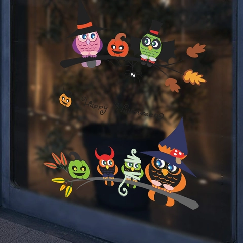 Halloween Cartoon Owl Pumpkin Wall Sticker PVC Happy Halloween Window Decal For Home Party Store Window Wall Decoration