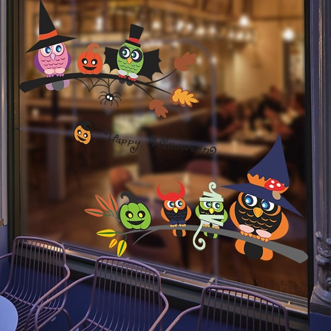 Halloween Cartoon Owl Pumpkin Wall Sticker PVC Happy Halloween Window Decal For Home Party Store Window Wall Decoration