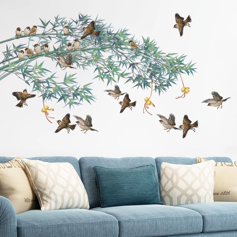 Large Chinese Style Bamboo Forest And Sparrows Wall Stickers PVC Waterproof Self Adhesive Decor For Living Room Bedroom Background