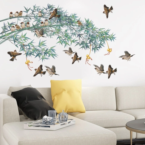 Large Chinese Style Bamboo Forest And Sparrows Wall Stickers PVC Waterproof Self Adhesive Decor For Living Room Bedroom Background