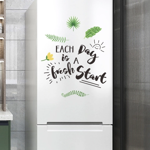 Green Leaves Each Day Is A Fresh Start Quote Wall Sticker PVC Self Adhesive Refrigerator Decal For Home Kitchen Decor