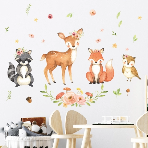 Watercolor Cartoon Forest Animals Wall Stickers PVC Deer Fox Owl Flower Self Adhesive Decals For Kids Nursery Room Decor