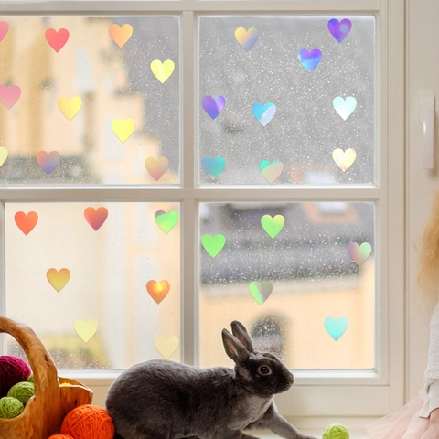 Holographic Heart Wall Stickers PET Laser Rainbow Film DIY Heart Combination Die-Cut Window Mirror Glass Decorative Decals