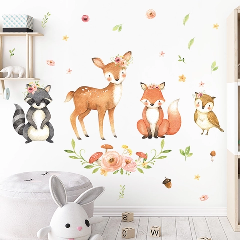 Watercolor Cartoon Forest Animals Wall Stickers PVC Deer Fox Owl Flower Self Adhesive Decals For Kids Nursery Room Decor