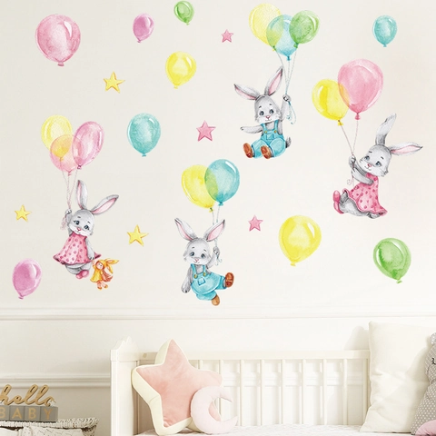 Adesivi Murali a Forma di Coniglio a Cartoni Animati ad Acquerello in PVC Autoadesivi per Cameretta con Stelle Decorazione Casa