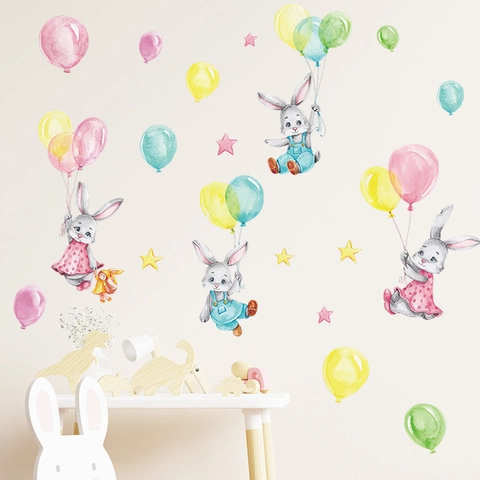 Adesivi Murali a Forma di Coniglio a Cartoni Animati ad Acquerello in PVC Autoadesivi per Cameretta con Stelle Decorazione Casa