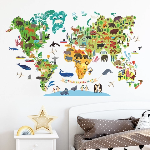 Cartoon Animal World Map Wall Sticker Colorful Educational PVC Self-Adhesive Wall Decal For Kids Room Nursery Decor
