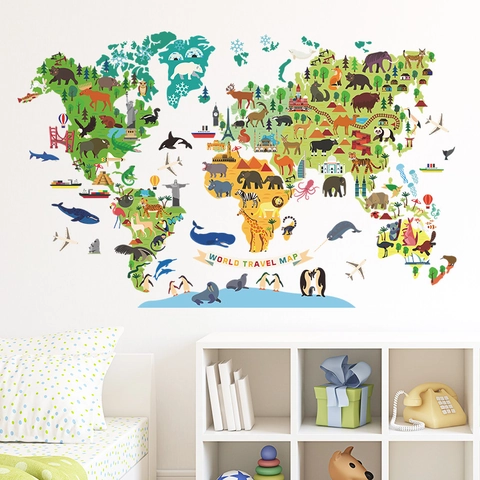 Cartoon Animal World Map Wall Sticker Colorful Educational PVC Self-Adhesive Wall Decal For Kids Room Nursery Decor