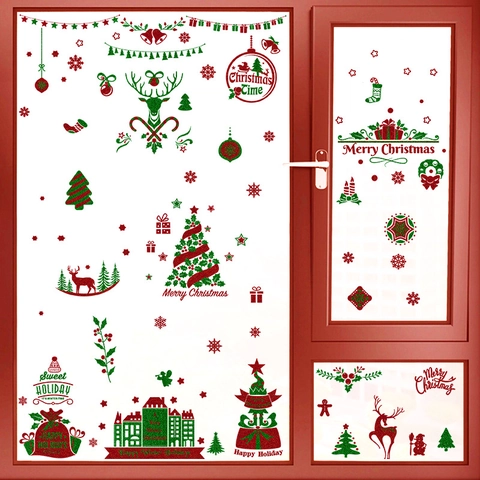 Glitzer Weihnachten Fensteraufkleber PVC Statisch Haftende Rentier Schneeflocke Frohe Weihnachten Abnehmbare Glasdeko Für Heim Geschäft