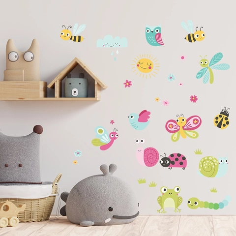 Cartoon Bee Dragonfly Ladybug Butterfly Wall Stickers For Kids Room Bedroom Nursery Removable Animal Garden Wall Decals