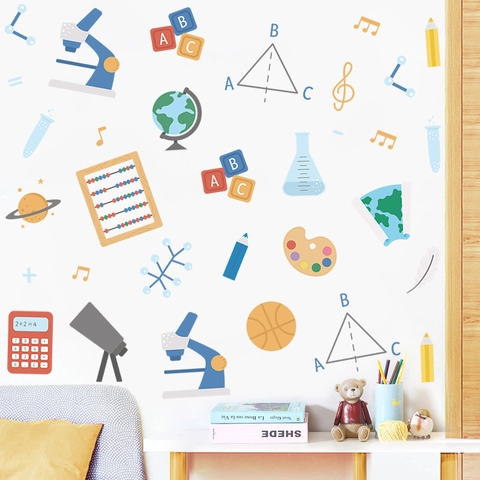 Adesivi Murali a Tema Scientifico Educativo Colorato Microscopio Globo Abaco Alfabeto PVC Decalcomanie per Bambini Camera da Letto Studio Scuola Decorazione