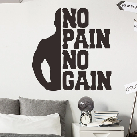 Adesivo da Parete Motivazionale No Pain No Gain Silhouette Uomo Muscoloso PVC Adesivo Removibile per Palestra Camera da Letto