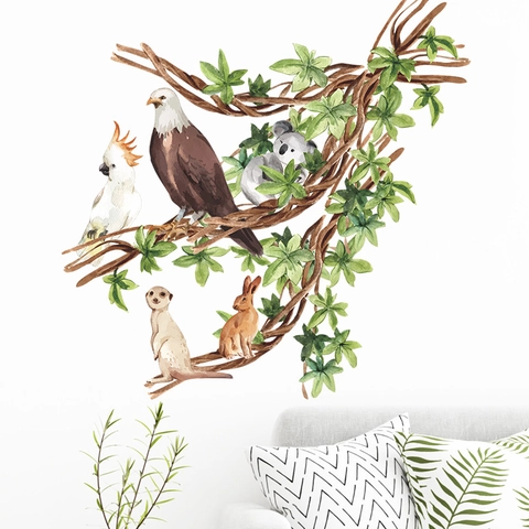 Vinilos Decorativos de Ramas de Árbol Animales Acuarela Koala Conejo Águila Loro Hoja Mural PVC Decoración Hogar