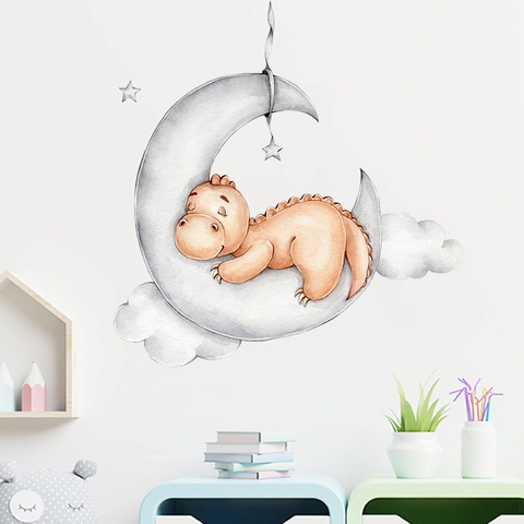 Cartoon Dinosaur Sleeping On Moon Wall Stickers Watercolor Moon Stars Clouds Wall Decals For Kids Bedroom Nursery Room Decor