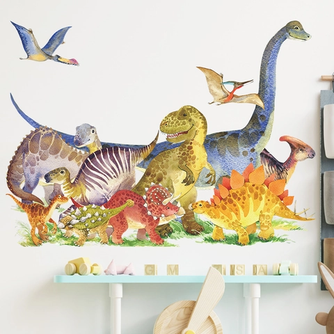 Adesivi Murali con Dinosauri ad Acquerello per Camera dei Bambini Decorazione PVC Autoadesivo Tirannosauro Brachiosauro Cartone Animato
