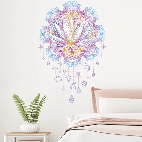 Mandala Lotus Wandtattoo PVC Mehrfarbiger Verlauf Bohemian Ethno Wandaufkleber Für Schlafzimmer Wohnzimmer Dekoration