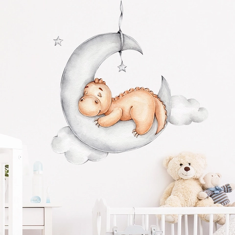 Cartoon Dinosaur Sleeping On Moon Wall Stickers Watercolor Moon Stars Clouds Wall Decals For Kids Bedroom Nursery Room Decor