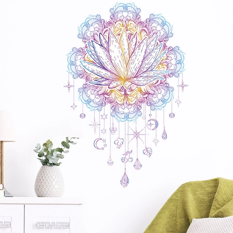 Mandala Lotus Wandtattoo PVC Mehrfarbiger Verlauf Bohemian Ethno Wandaufkleber Für Schlafzimmer Wohnzimmer Dekoration
