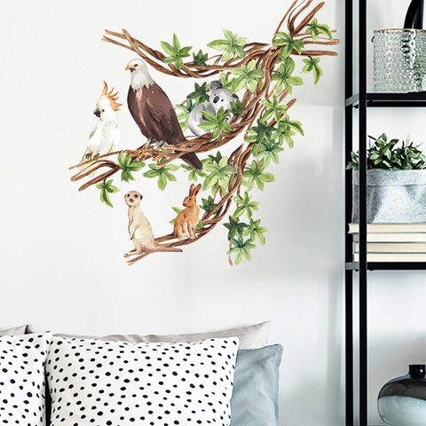 Vinilos Decorativos de Ramas de Árbol Animales Acuarela Koala Conejo Águila Loro Hoja Mural PVC Decoración Hogar