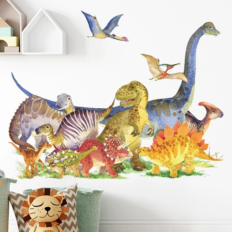 Adesivi Murali con Dinosauri ad Acquerello per Camera dei Bambini Decorazione PVC Autoadesivo Tirannosauro Brachiosauro Cartone Animato