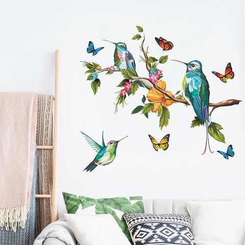 Colorful Watercolor Hummingbird Butterfly Tree Branch Wall Stickers PVC Self-Adhesive Wall Decals For Kids Bedroom Home Decor