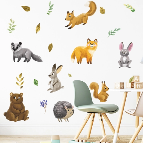 Aquarell Waldtiere Wandaufkleber Cartoon Fuchs Hase Bär PVC Wandtattoos Für Kinderzimmer Babyzimmer Heimdekoration