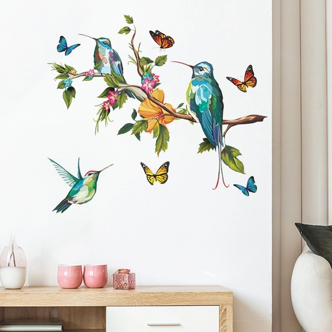 Colorful Watercolor Hummingbird Butterfly Tree Branch Wall Stickers PVC Self-Adhesive Wall Decals For Kids Bedroom Home Decor