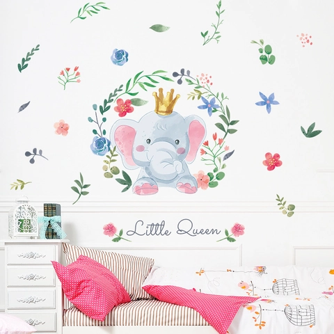 Watercolor Little Queen Elephant Wreath Wall Sticker PVC Cartoon Animal Floral Wall Decals For Kids Girls Nursery Room Decor