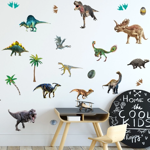 Vinilos Decorativos De Dinosaurios Realistas PVC Removible Animales Palmeras Pegatinas Para Dormitorio Infantil Guardería Escuela Pared