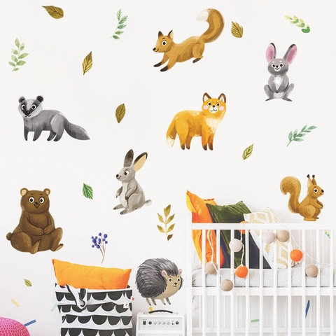 Aquarell Waldtiere Wandaufkleber Cartoon Fuchs Hase Bär PVC Wandtattoos Für Kinderzimmer Babyzimmer Heimdekoration