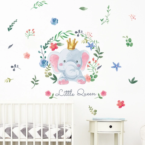 Watercolor Little Queen Elephant Wreath Wall Sticker PVC Cartoon Animal Floral Wall Decals For Kids Girls Nursery Room Decor