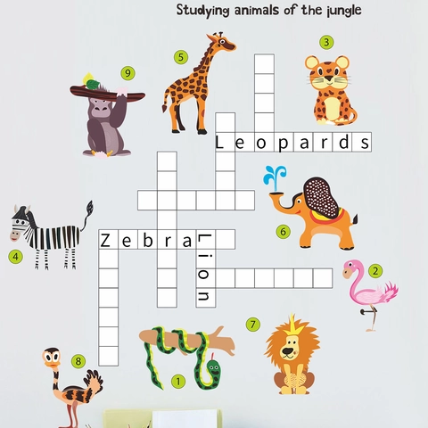 Jungle Animals Crossword Wall Sticker For Kids Room PVC Educational Alphabet Word Decals For Bedroom Classroom Decor