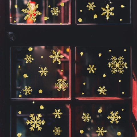 Adesivi per Finestre Natalizi a Forma di Fiocco di Neve Glitter Oro PVC Autoadesivi Decalcomanie da Parete Invernali per Vetro