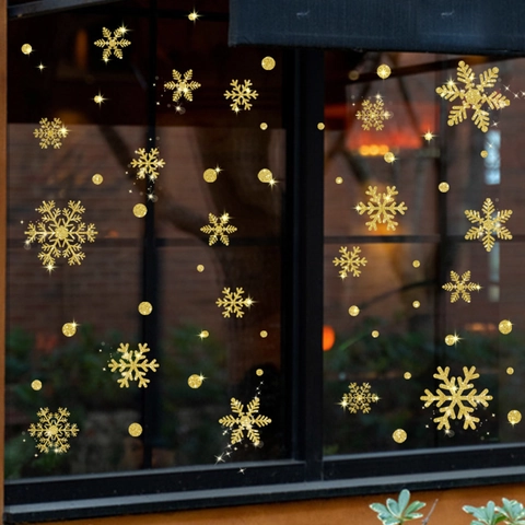 Adesivi per Finestre Natalizi a Forma di Fiocco di Neve Glitter Oro PVC Autoadesivi Decalcomanie da Parete Invernali per Vetro