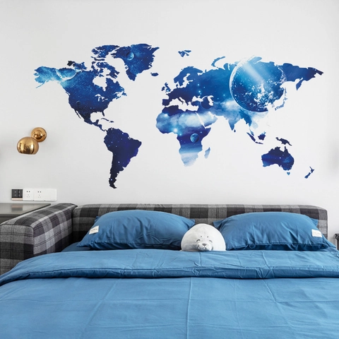 Starry Sky World Map Wall Sticker PVC Self Adhesive Universe Galaxy Navy Blue Home Office Bedroom Wall Decor Decal Mural