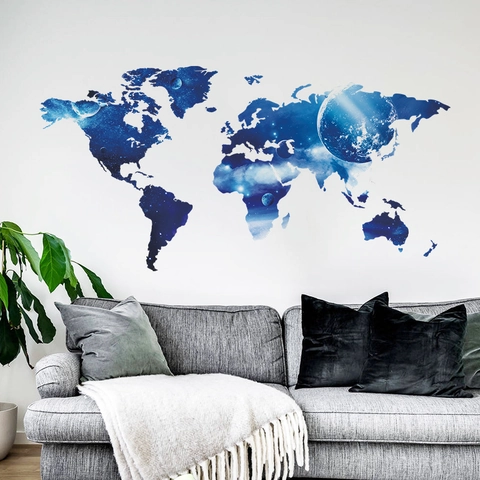 Starry Sky World Map Wall Sticker PVC Self Adhesive Universe Galaxy Navy Blue Home Office Bedroom Wall Decor Decal Mural