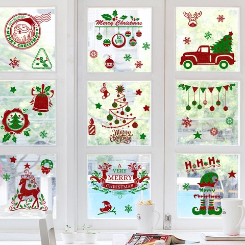 Weihnachtsfensterbilder Statisch Haftende PVC Glitzer Weihnachtsmann Rentier Baum Schneeflocken Aufkleber Für Glas Haus Deko