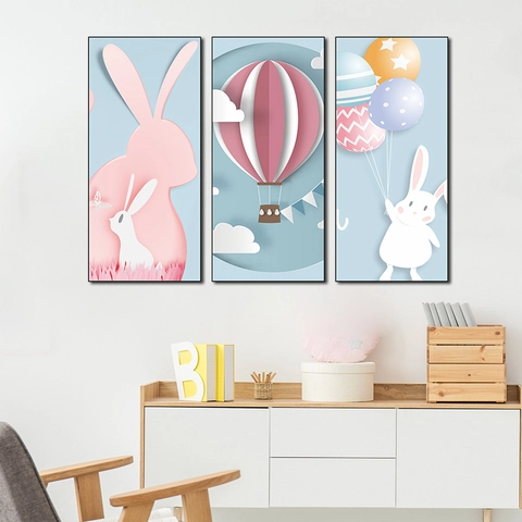 Cartoon Konijn Heteluchtballon PVC Muurstickers Papierprikstijl Triptiek Babykamer Kinderkamer Huisdecoratie Esthetische Muurkunst