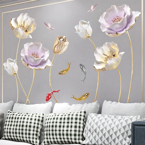 Adesivi Murali Effetto 3D Fiori Di Loto E Pesci Koi In PVC Autoadesivo Decalcomania Floreale Per Decorazione Soggiorno Casa