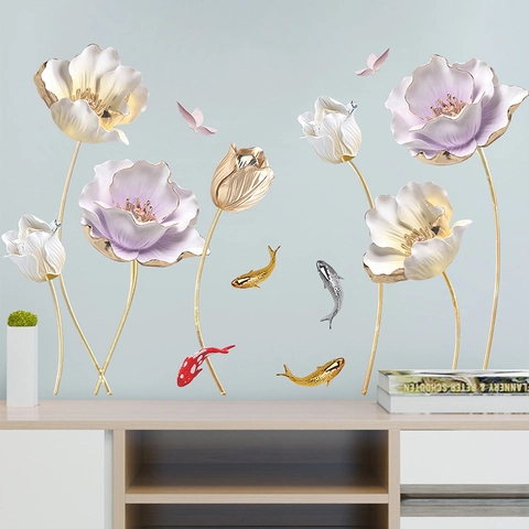 Adesivi Murali Effetto 3D Fiori Di Loto E Pesci Koi In PVC Autoadesivo Decalcomania Floreale Per Decorazione Soggiorno Casa