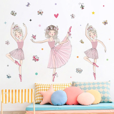 Adesivo da Parete Ragazza di Balletto Cartone Animato Farfalla PVC Autoadesivo DIY Per Camera dei Bambini Ragazze Decorazione