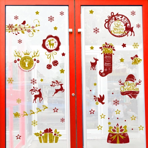 Adesivi Statici per Finestre di Natale Rosso Oro Glitter Renna Fiocco di Neve Decalcomanie per Vetro Negozio Casa Parete