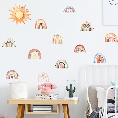 Bohemian Watercolor Rainbow And Sun Wall Sticker For Kids Bedroom Nursery Decor PVC Self Adhesive Removable Wall Decal