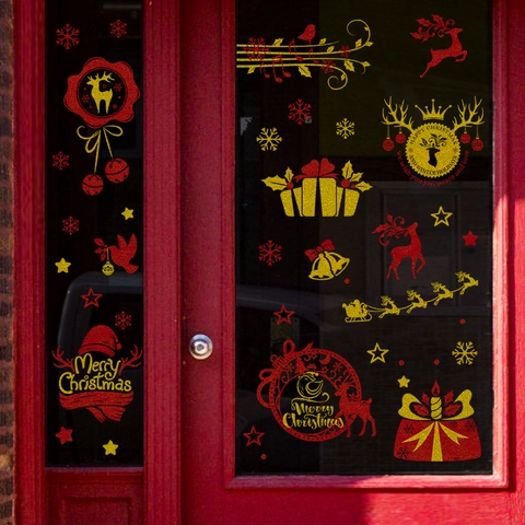 Adesivi Statici per Finestre di Natale Rosso Oro Glitter Renna Fiocco di Neve Decalcomanie per Vetro Negozio Casa Parete