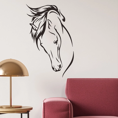 Autocollant Mural Minimaliste Artistique Tête de Cheval Art au Trait Décoration Murale Moderne Bricolage Amovible en PVC Auto-Adhésif