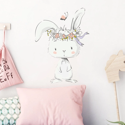 Cute Cartoon Bunny Flower Crown Wall Sticker For Kids Room Nursery Decor Hand Drawn Rabbit Butterfly PVC Self Adhesive Wall Decal