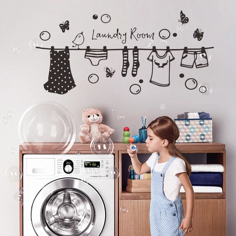 Creatieve Waskamer Muurstickers DIY Waslijn Vogel Vlinder PVC Silhouet Zwart Sticker Voor Waskamer Decoratie